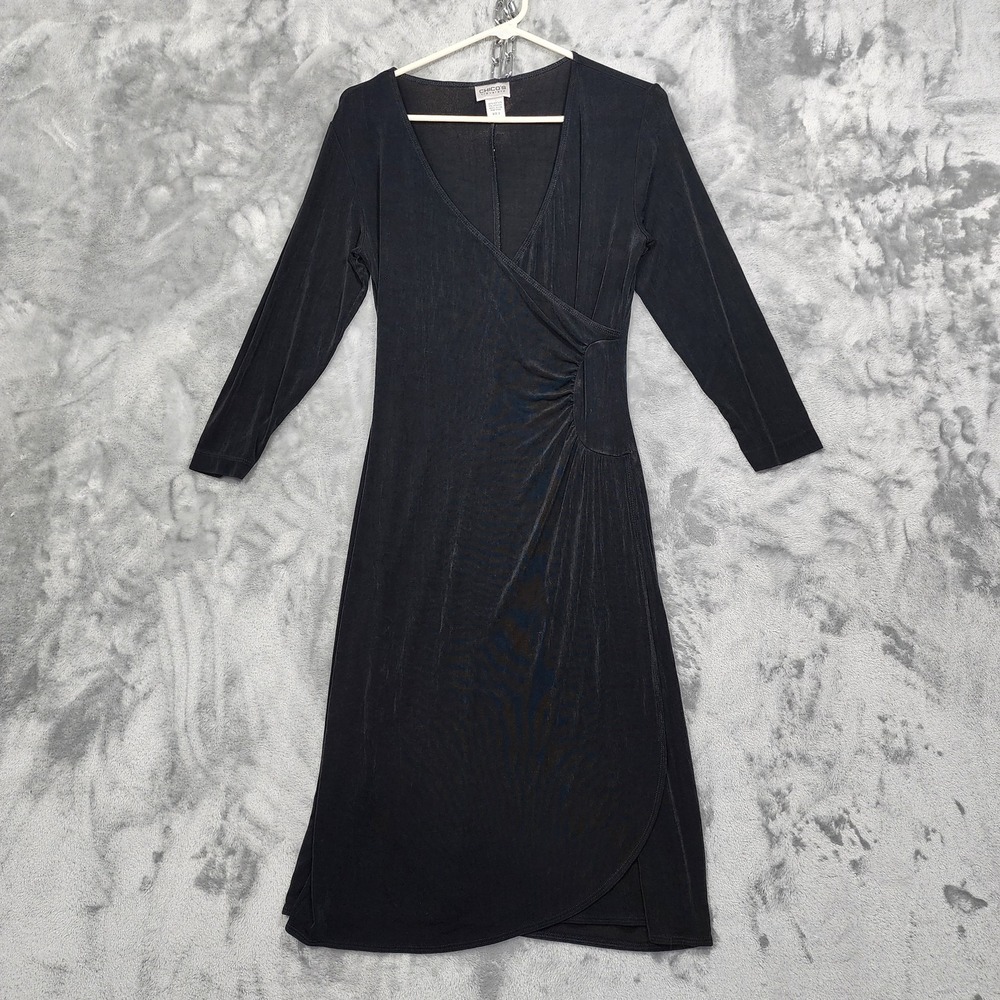 Chico's Travelers Dress Womens‎ 0 2/S Black Wrap Midi 3/4 Sleeve Ruched Slinky